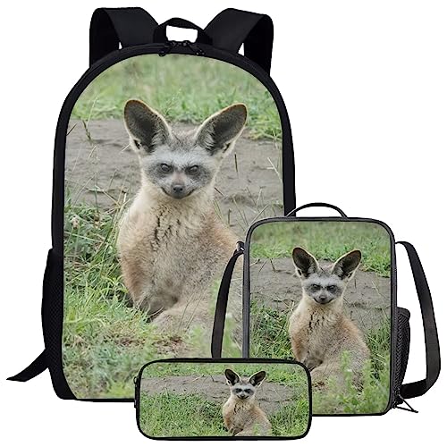 Amzbeauty Galaxy Cat Rucksack und Lunchtasche Set für Mädchen, 3-teiliges Katzen-Büchertaschenset, Grundschule, African Fox von Amzbeauty