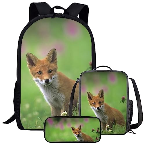 Amzbeauty Galaxy Cat Rucksack und Lunchtasche Set für Mädchen, 3-teiliges Katzen-Büchertaschenset, Grundschule, Baby Fuchs von Amzbeauty