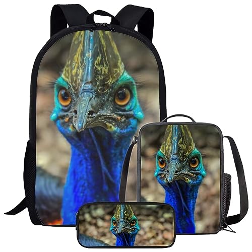 Amzbeauty Galaxy Cat Rucksack und Lunchtasche Set für Mädchen, 3-teiliges Katzen-Büchertaschenset, Grundschule, Blauer Vogel von Amzbeauty