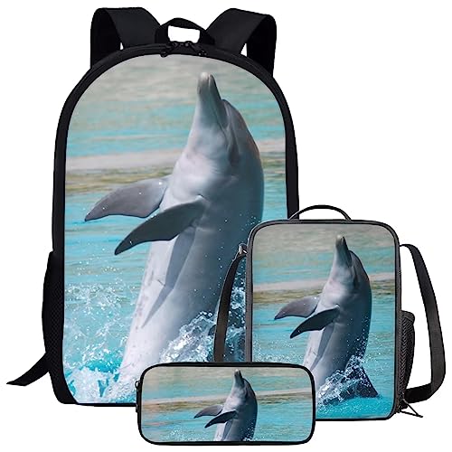Amzbeauty Galaxy Cat Rucksack und Lunchtasche Set für Mädchen, 3-teiliges Katzen-Büchertaschenset, Grundschule, Delfin von Amzbeauty