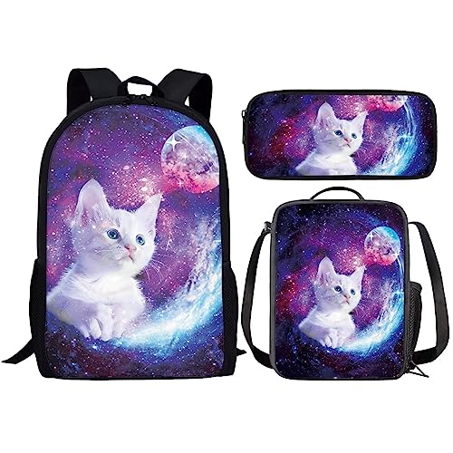 Amzbeauty Galaxy Cat Rucksack und Lunchtasche Set für Mädchen, 3-teiliges Katzen-Büchertaschenset, Grundschule, Galaxy Cat von Amzbeauty
