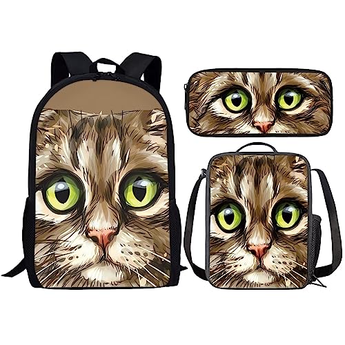 Amzbeauty Galaxy Cat Rucksack und Lunchtasche Set für Mädchen, 3-teiliges Katzen-Büchertaschenset, Grundschule, Katzengesicht von Amzbeauty