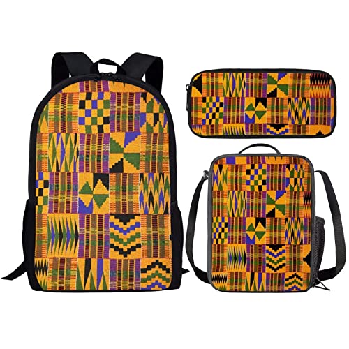 Amzbeauty Galaxy Cat Rucksack und Lunchtasche Set für Mädchen, 3-teiliges Katzen-Büchertaschenset, Grundschule, Kente African Tribal Print von Amzbeauty