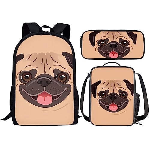 Amzbeauty Galaxy Cat Rucksack und Lunchtasche Set für Mädchen, 3-teiliges Katzen-Büchertaschenset, Grundschule, Mops-Gesicht von Amzbeauty