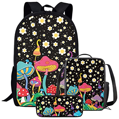 Amzbeauty Galaxy Cat Rucksack und Lunchtasche Set für Mädchen, 3-teiliges Katzen-Büchertaschenset, Grundschule, Pilze von Amzbeauty