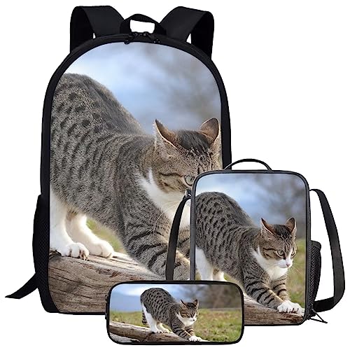 Amzbeauty Galaxy Cat Rucksack und Lunchtasche Set für Mädchen, 3-teiliges Katzen-Büchertaschenset, Grundschule, Tabby Cat von Amzbeauty