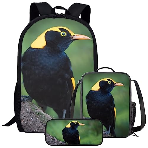 Amzbeauty Galaxy Cat Rucksack und Lunchtasche Set für Mädchen, 3-teiliges Katzen-Büchertaschenset, Grundschule, Vogel-Motiv von Amzbeauty