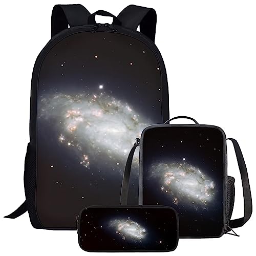 Amzbeauty Galaxy Cat Rucksack und Lunchtasche Set für Mädchen, 3-teiliges Katzen-Büchertaschenset, Grundschule, Weltall von Amzbeauty