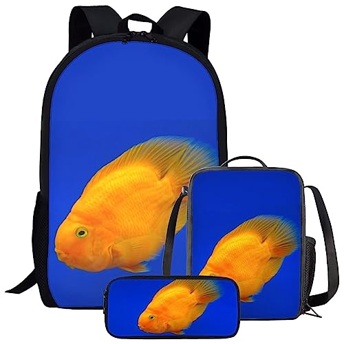 Amzbeauty Galaxy Cat Rucksack und Lunchtasche Set für Mädchen, 3-teiliges Katzen-Büchertaschenset, Grundschule, fisch von Amzbeauty