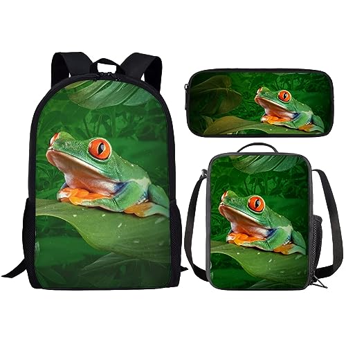 Amzbeauty Galaxy Cat Rucksack und Lunchtasche Set für Mädchen, 3-teiliges Katzen-Büchertaschenset, Grundschule, frosch von Amzbeauty