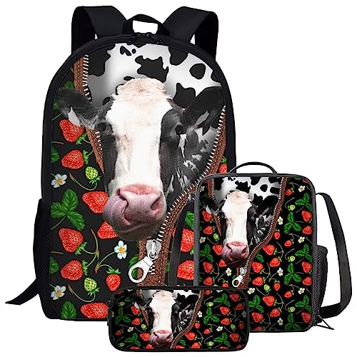 Amzbeauty Galaxy Cat Rucksack und Lunchtasche Set für Mädchen, 3-teiliges Katzen-Büchertaschenset, Grundschule, kuh von Amzbeauty