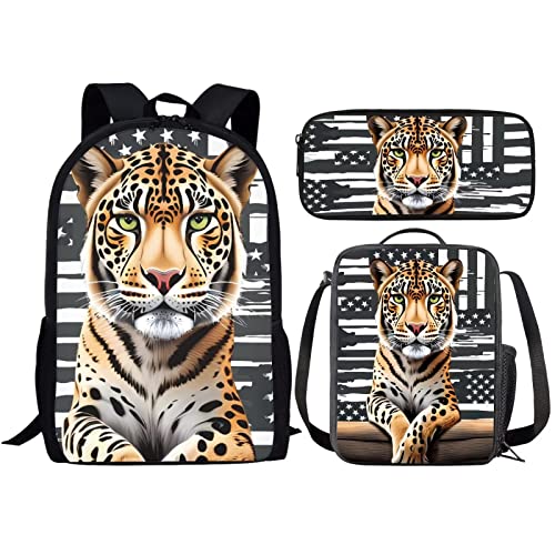 Amzbeauty Galaxy Cat Rucksack und Lunchtasche Set für Mädchen, 3-teiliges Katzen-Büchertaschenset, Grundschule, leopard von Amzbeauty