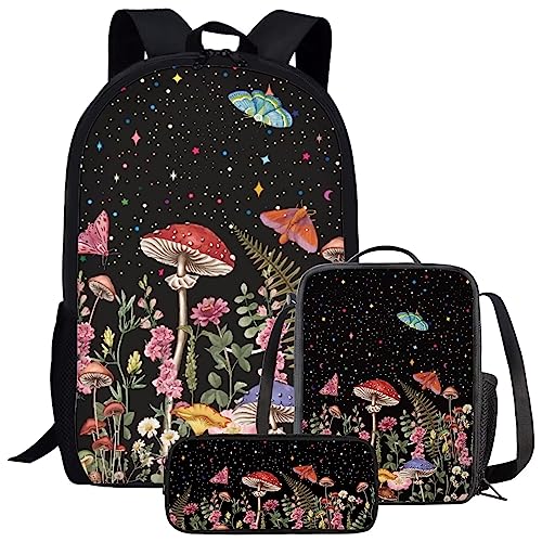 Amzbeauty Galaxy Cat Rucksack und Lunchtasche Set für Mädchen, 3-teiliges Katzen-Büchertaschenset, Grundschule, mushroom von Amzbeauty