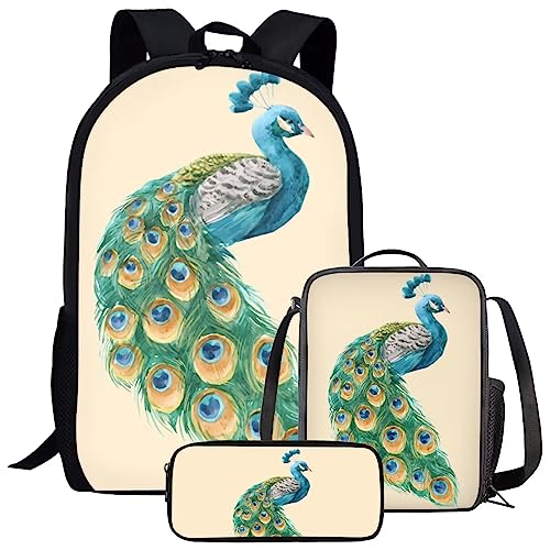 Amzbeauty Galaxy Cat Rucksack und Lunchtasche Set für Mädchen, 3-teiliges Katzen-Büchertaschenset, Grundschule, pfau von Amzbeauty