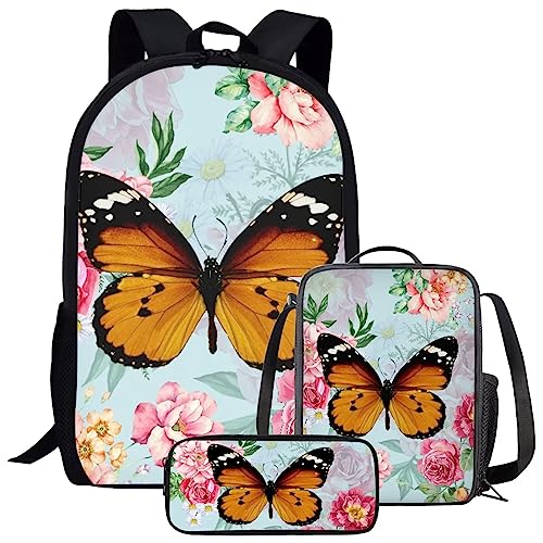 Amzbeauty Galaxy Cat Rucksack und Lunchtasche Set für Mädchen, 3-teiliges Katzen-Büchertaschenset, Grundschule, schmetterling von Amzbeauty