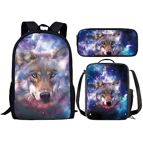 Amzbeauty Galaxy Cat Rucksack und Lunchtasche Set für Mädchen, 3-teiliges Katzen-Büchertaschenset, Grundschule, wolf von Amzbeauty