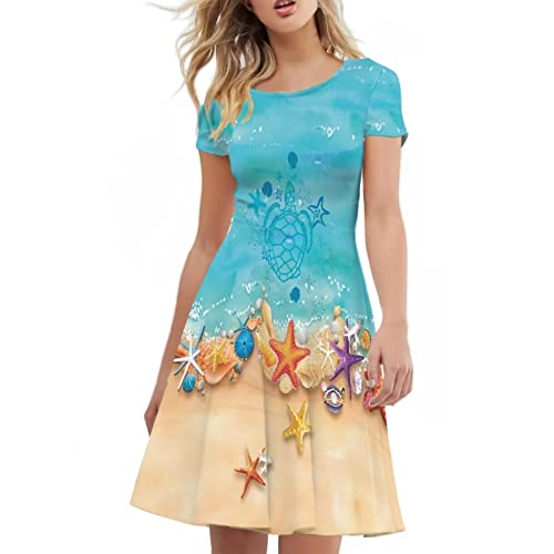 Amzbeauty Hawaiian Luau Kleider für Frauen Hibiskus Print Sommer Blumen Kleider A-Linie Midi Casual Plus Size Hemdkleid Blau, Meeresschildkröte Seestern, XX-Large von Amzbeauty