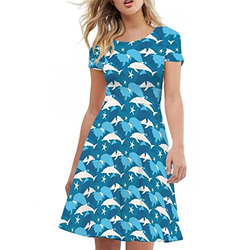 Amzbeauty Hawaiianisches Tribal-Party-Luau-Kleid für Frauen, Übergröße, sexy Rüschensaum, fließendes Swing-Mini-Kleid mit Blumenmuster, Gelb, Delfin, XXX-Large von Amzbeauty