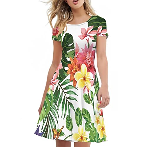 Amzbeauty Hawaiianisches Tribal-Party-Luau-Kleid für Frauen, Übergröße, sexy Rüschensaum, fließendes Swing-Mini-Kleid mit Blumenmuster, Gelb, Hibiskus, Small von Amzbeauty