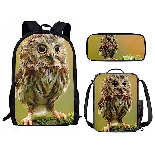 Amzbeauty Katzenrucksack Set für Mädchen Grundschule Mittelschüler 3 in 1 Rucksack und Lunchbox Bleistift Tasche Anzug, Baby Eule von Amzbeauty