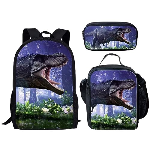 Amzbeauty Katzenrucksack Set für Mädchen Grundschule Mittelschüler 3 in 1 Rucksack und Lunchbox Bleistift Tasche Anzug, Dinosaurier von Amzbeauty