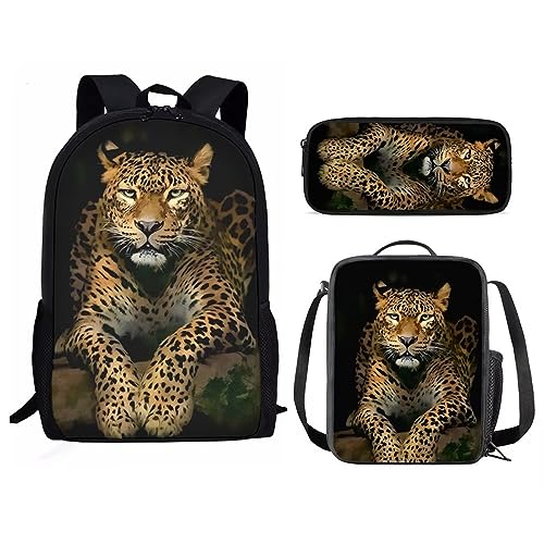 Amzbeauty Katzenrucksack Set für Mädchen Grundschule Mittelschüler 3 in 1 Rucksack und Lunchbox Bleistift Tasche Anzug, Ein Leopard von Amzbeauty