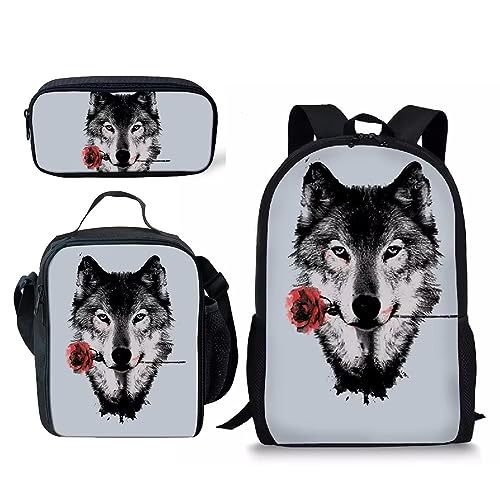 Amzbeauty Katzenrucksack Set für Mädchen Grundschule Mittelschüler 3 in 1 Rucksack und Lunchbox Bleistift Tasche Anzug, Ein Wolf von Amzbeauty