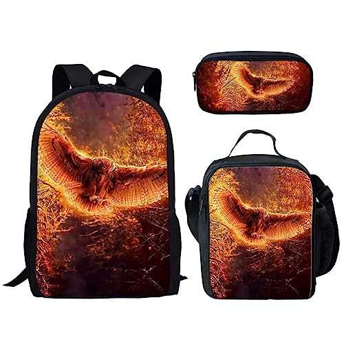 Amzbeauty Katzenrucksack Set für Mädchen Grundschule Mittelschüler 3 in 1 Rucksack und Lunchbox Bleistift Tasche Anzug, Feuer-Eule von Amzbeauty