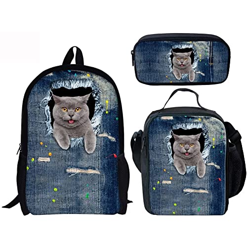 Amzbeauty Katzenrucksack Set für Mädchen Grundschule Mittelschüler 3 in 1 Rucksack und Lunchbox Bleistift Tasche Anzug, Graue Katze von Amzbeauty