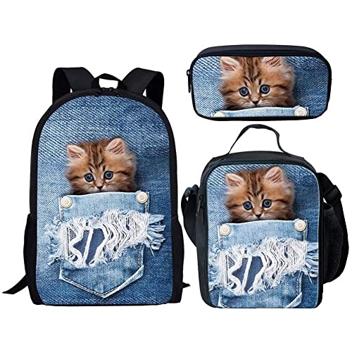 Amzbeauty Katzenrucksack Set für Mädchen Grundschule Mittelschüler 3 in 1 Rucksack und Lunchbox Bleistift Tasche Anzug, Kätzchen von Amzbeauty