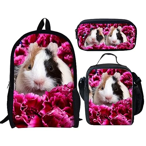 Amzbeauty Katzenrucksack Set für Mädchen Grundschule Mittelschüler 3 in 1 Rucksack und Lunchbox Bleistift Tasche Anzug, Meerschweinchen von Amzbeauty