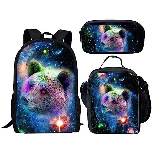 Amzbeauty Katzenrucksack Set für Mädchen Grundschule Mittelschüler 3 in 1 Rucksack und Lunchbox Bleistift Tasche Anzug, bär von Amzbeauty