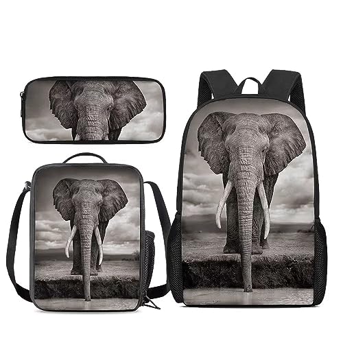 Amzbeauty Katzenrucksack Set für Mädchen Grundschule Mittelschüler 3 in 1 Rucksack und Lunchbox Bleistift Tasche Anzug, elefant von Amzbeauty