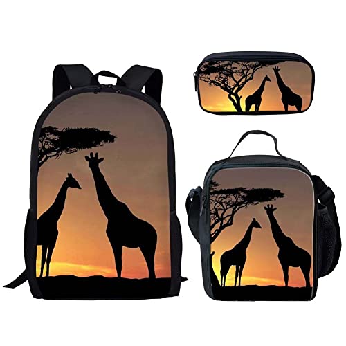 Amzbeauty Katzenrucksack Set für Mädchen Grundschule Mittelschüler 3 in 1 Rucksack und Lunchbox Bleistift Tasche Anzug, giraffe von Amzbeauty