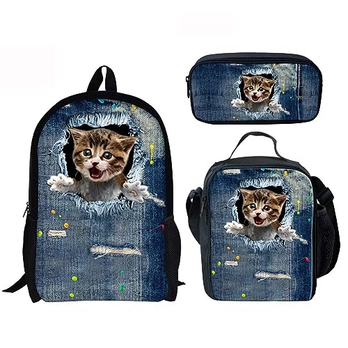 Amzbeauty Katzenrucksack Set für Mädchen Grundschule Mittelschüler 3 in 1 Rucksack und Lunchbox Bleistift Tasche Anzug, katze von Amzbeauty