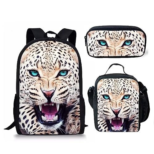 Amzbeauty Katzenrucksack-Set für Mädchen, Grundschule, Schüler, 3-in-1-Rucksack und Lunchbox, Federmäppchen, Anzug, leopard, Klassisch von Amzbeauty