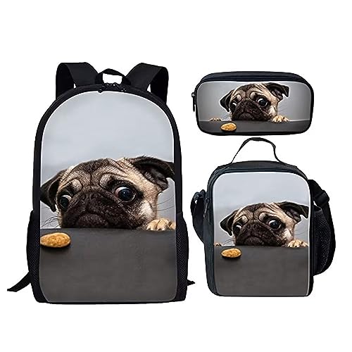 Amzbeauty Katzenrucksack Set für Mädchen Grundschule Mittelschüler 3 in 1 Rucksack und Lunchbox Bleistift Tasche Anzug, mops von Amzbeauty