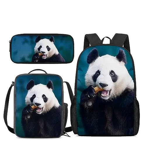 Amzbeauty Katzenrucksack Set für Mädchen Grundschule Mittelschüler 3 in 1 Rucksack und Lunchbox Bleistift Tasche Anzug, panda von Amzbeauty