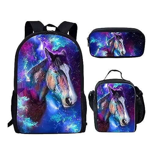 Amzbeauty Katzenrucksack Set für Mädchen Grundschule Mittelschüler 3 in 1 Rucksack und Lunchbox Bleistift Tasche Anzug, pferd von Amzbeauty