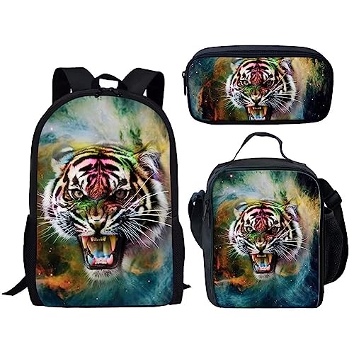 Amzbeauty Katzenrucksack Set für Mädchen Grundschule Mittelschüler 3 in 1 Rucksack und Lunchbox Bleistift Tasche Anzug, tiger von Amzbeauty