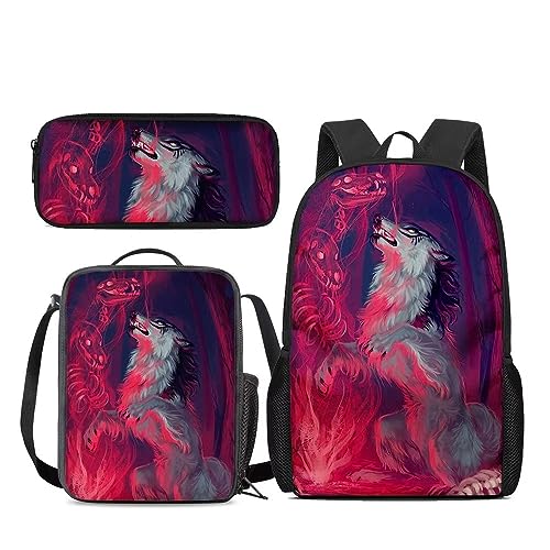 Amzbeauty Katzenrucksack Set für Mädchen Grundschule Mittelschüler 3 in 1 Rucksack und Lunchbox Bleistift Tasche Anzug, wolf von Amzbeauty