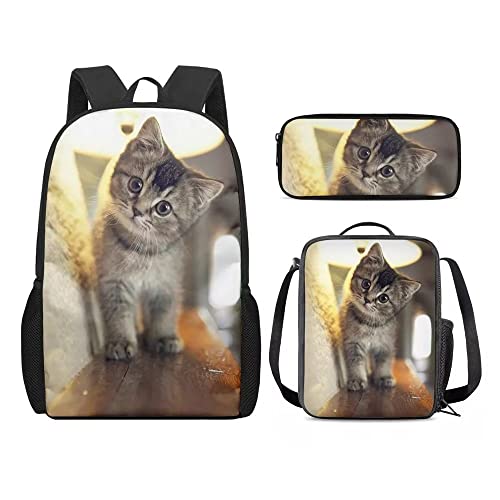 Amzbeauty Katzenrucksack und Lunchtasche für Mädchen, 3-teilig, Geschenk für 5–12 Kinder, Jungen, Cat-2 von Amzbeauty