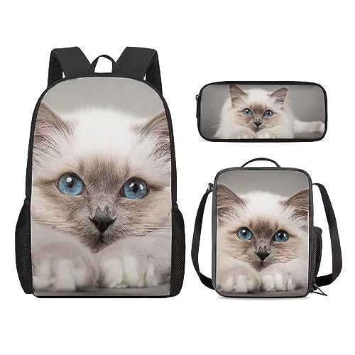 Amzbeauty Katzenrucksack und Lunchtasche für Mädchen, 3-teilig, Geschenk für 5–12 Kinder, Jungen, katze von Amzbeauty