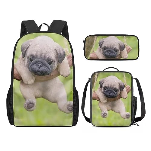 Amzbeauty Katzenrucksack und Lunchtasche für Mädchen, 3-teilig, Geschenk für 5–12 Kinder, Jungen, mops von Amzbeauty