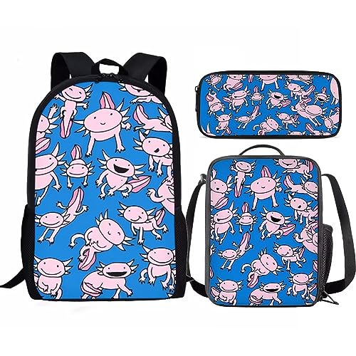 Amzbeauty Kinder-Rucksack für Mädchen, 3-teilig, Geschenk für die Schule, Lavendel, Husky, mit Lunchtaschen, Schulmäppchen, Axolotl von Amzbeauty