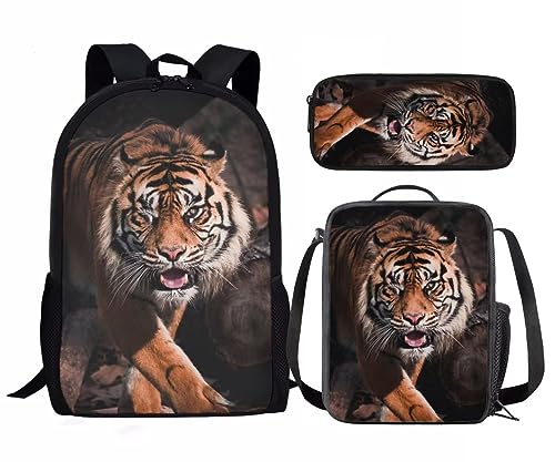 Amzbeauty Kinder-Rucksack für Mädchen, 3-teilig, Geschenk für die Schule, Lavendel, Husky, mit Lunchtaschen, Schulmäppchen, Ein Tiger von Amzbeauty