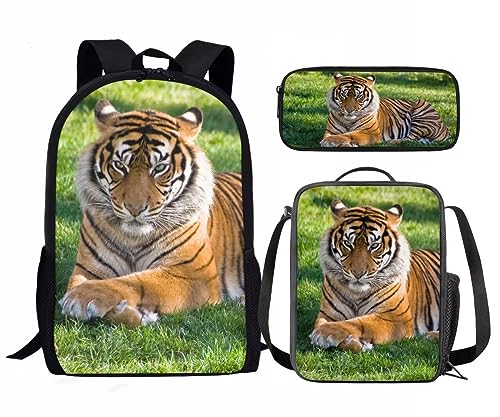 Amzbeauty Kinder-Rucksack für Mädchen, 3-teilig, Geschenk für die Schule, Lavendel, Husky, mit Lunchtaschen, Schulmäppchen, Frecher Tiger von Amzbeauty