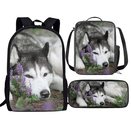 Amzbeauty Kinder-Rucksack für Mädchen, 3-teilig, Geschenk für die Schule, Lavendel, Husky, mit Lunchtaschen, Schulmäppchen, Husky-Hund von Amzbeauty