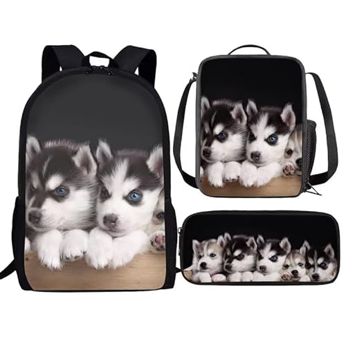 Amzbeauty Kinder-Rucksack für Mädchen, 3-teilig, Geschenk für die Schule, Lavendel, Husky, mit Lunchtaschen, Schulmäppchen, Husky Hunde von Amzbeauty