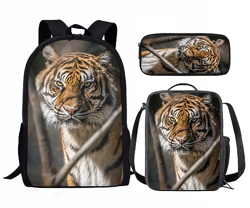 Amzbeauty Kinder-Rucksack für Mädchen, 3-teilig, Geschenk für die Schule, Lavendel, Husky, mit Lunchtaschen, Schulmäppchen, Niedlicher Tiger von Amzbeauty